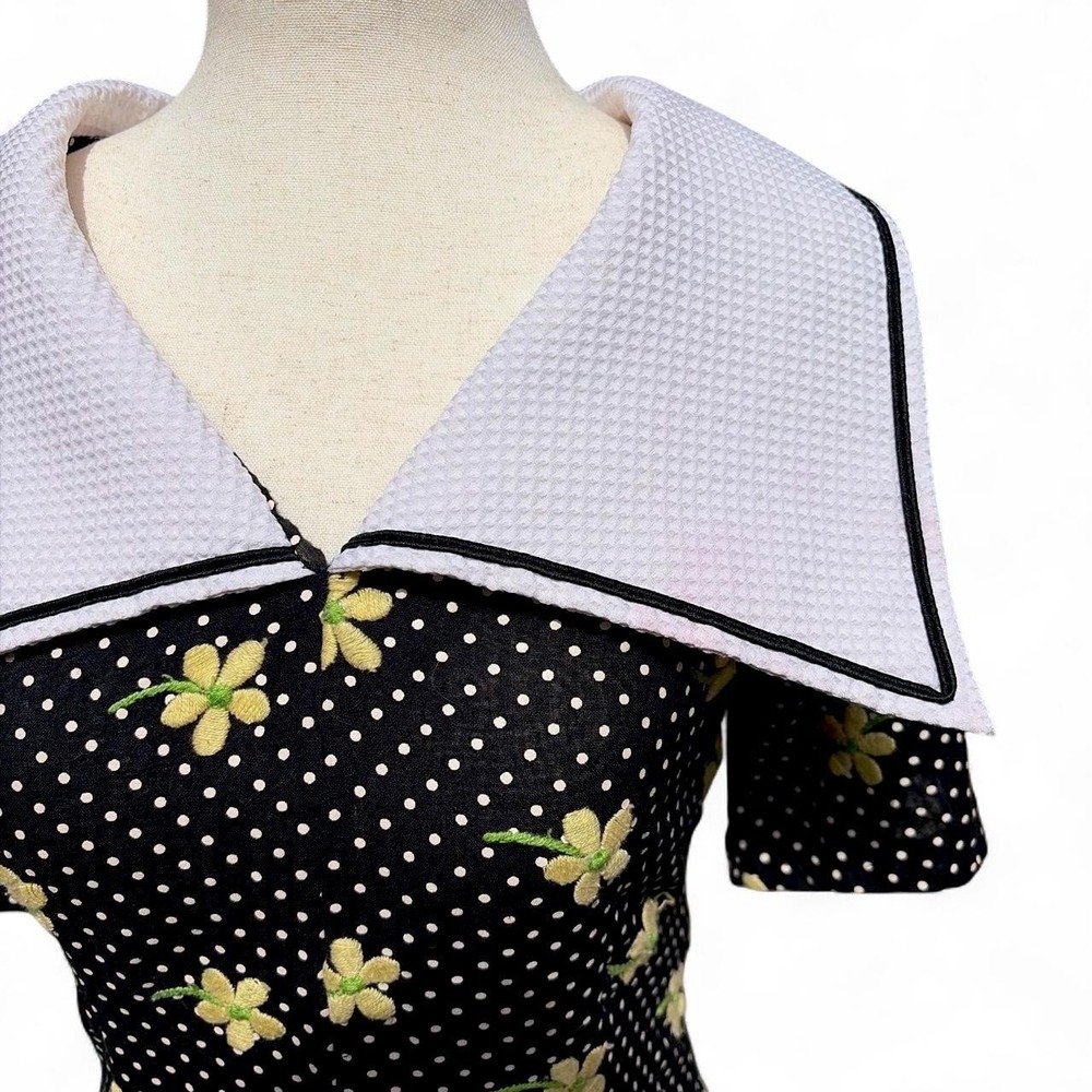 Vintage 80s Floral Embroidered Collar Sailor Dress - Picture 6 of 8